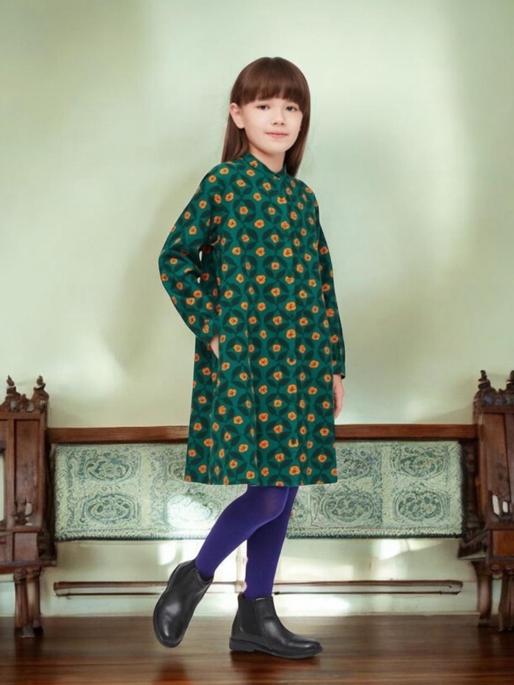 Marimekko x Uniqlo Kids Dress Size 13 Green Floral Shirt Dress Long Sleeve